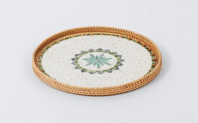 Woven rattan tray with a top inlaid with mother of pearl